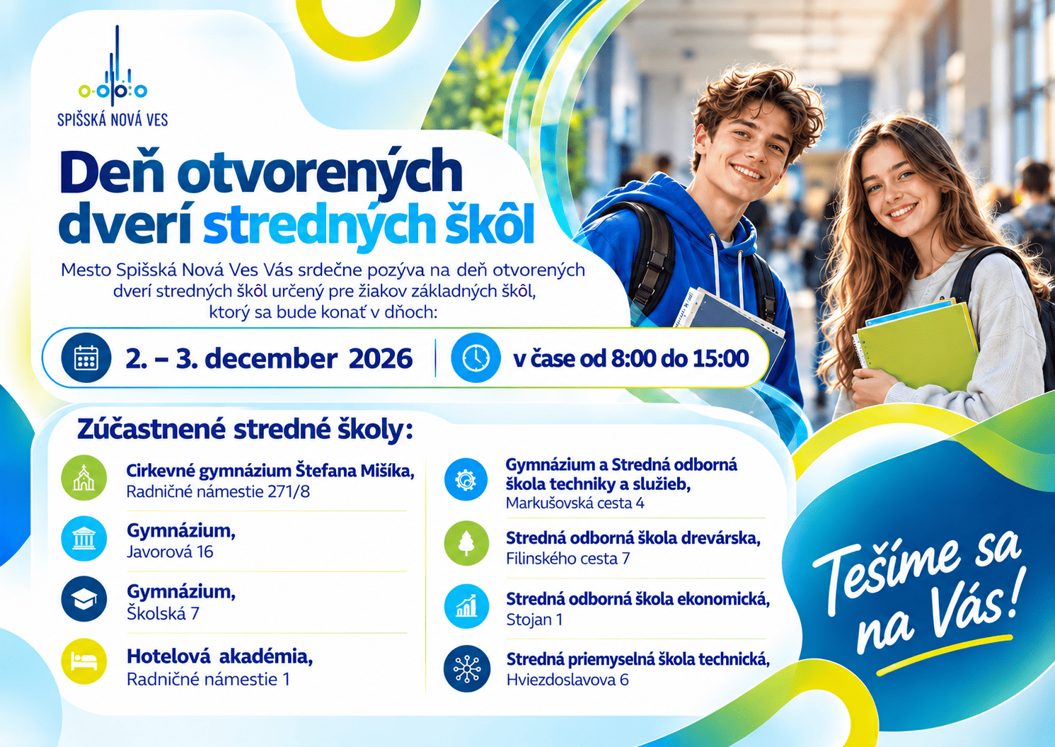Pozvánka na Deň otvorených dverí stredných škôl v meste Spišská Nová Ves.