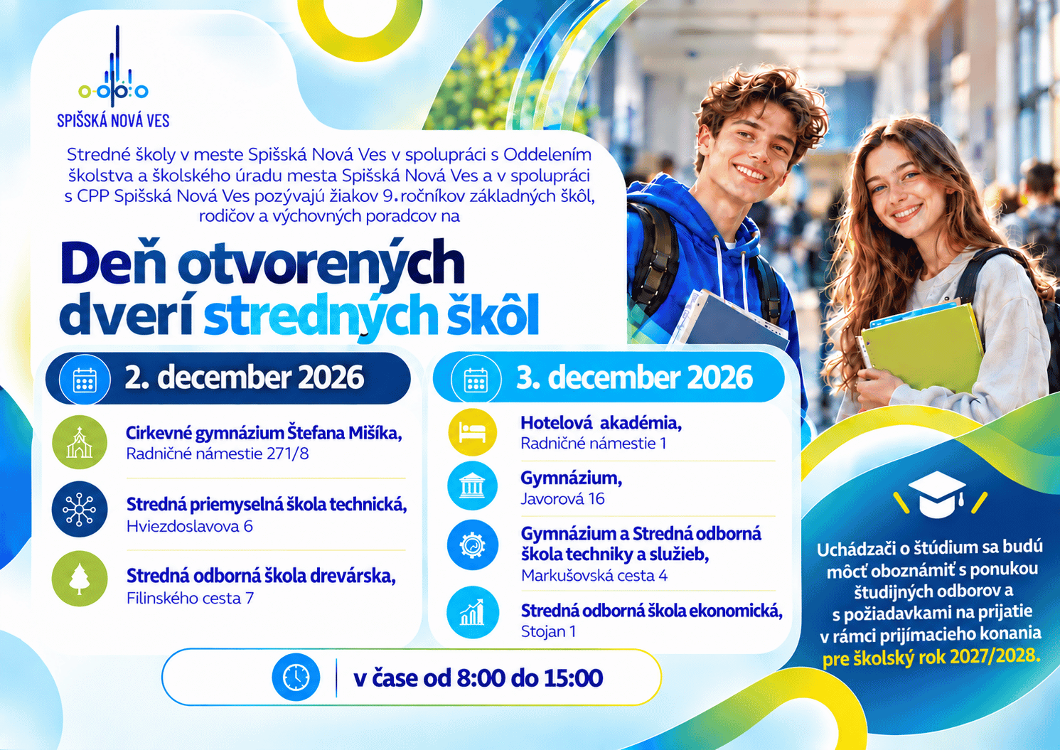 Pozvánka na Deň otvorených dverí stredných škôl v meste Spišská Nová Ves.